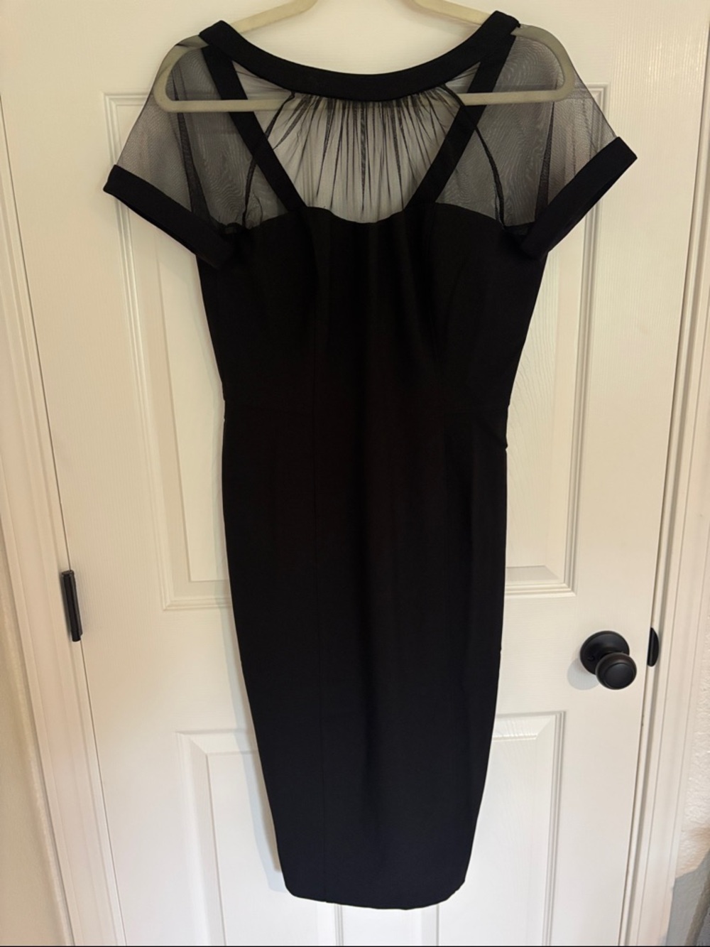 Maggy London Illusion Short Sleeve Black Sheer-Yoke Midi Dress